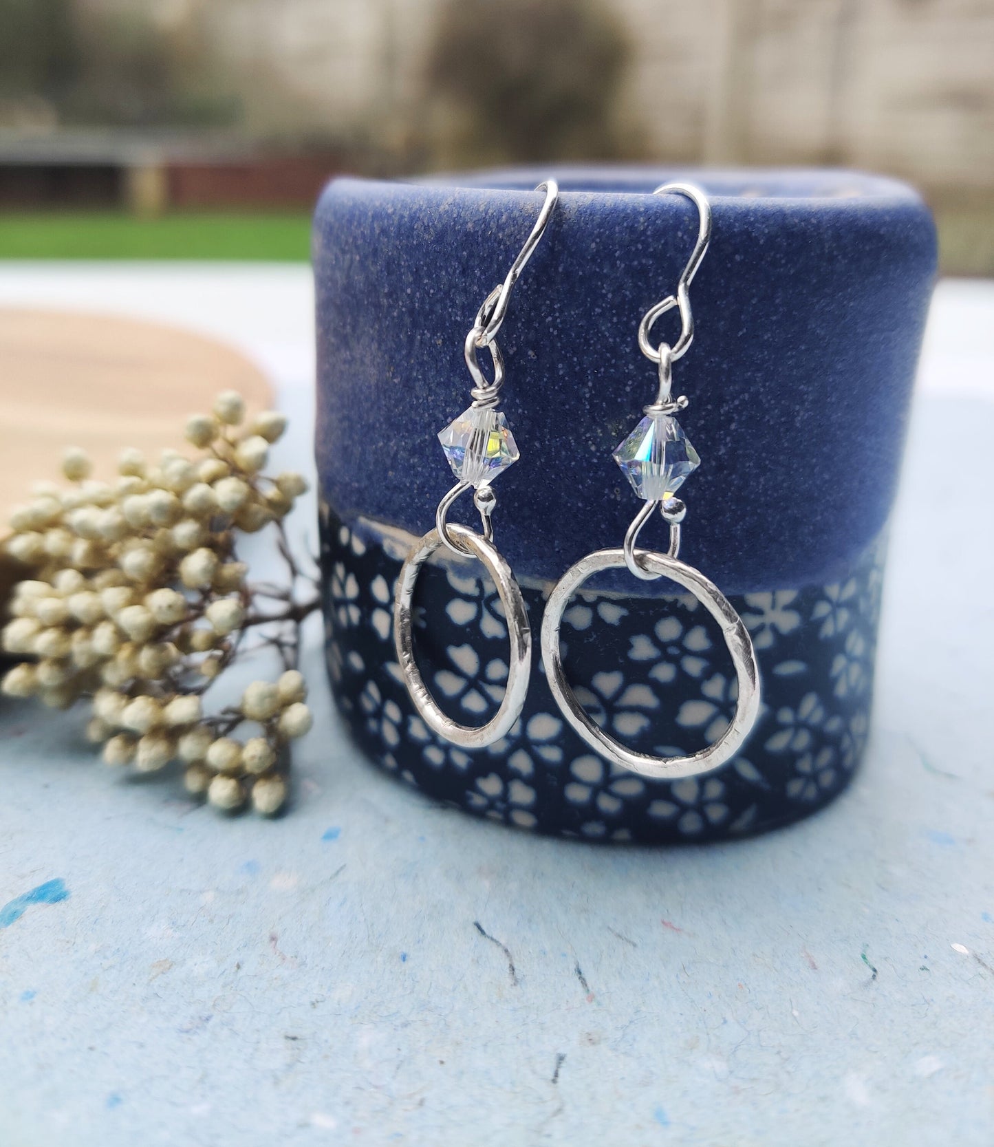 Silver hoop, crystal earrings