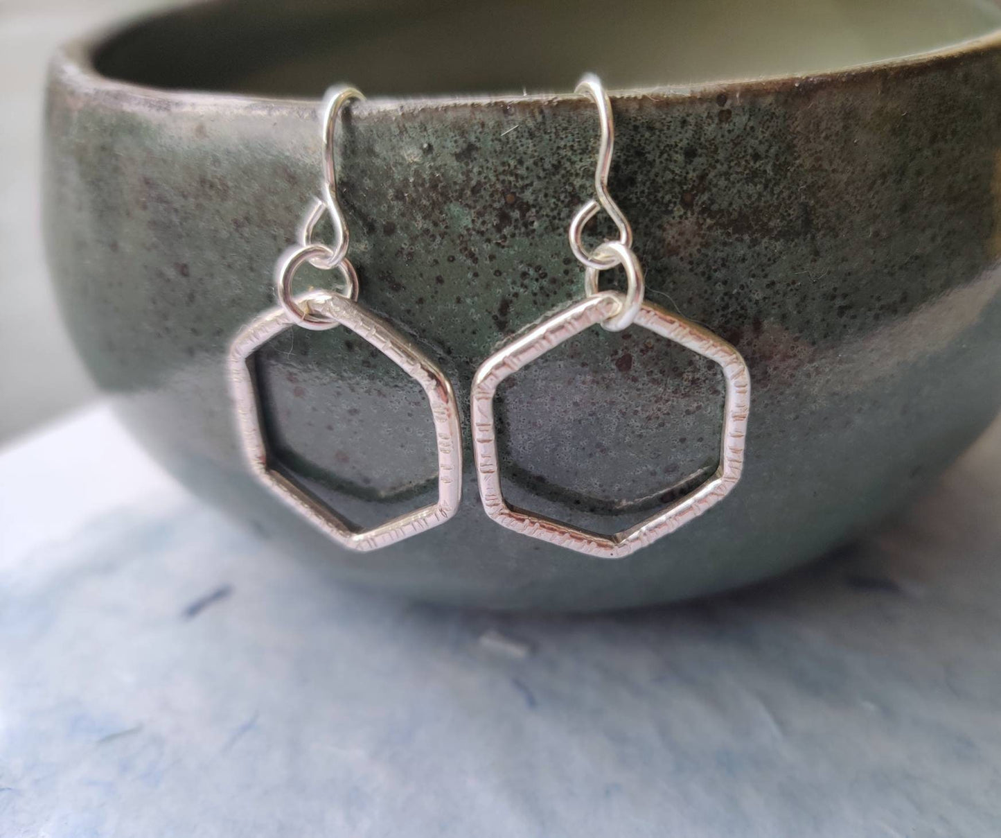 Hexagonal earrings, silver drop earrings