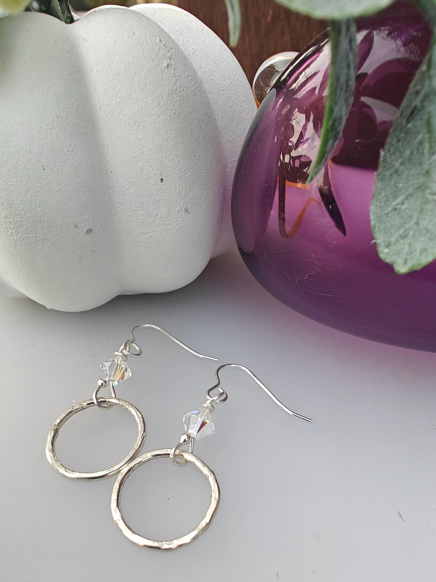 Silver hoop, crystal earrings