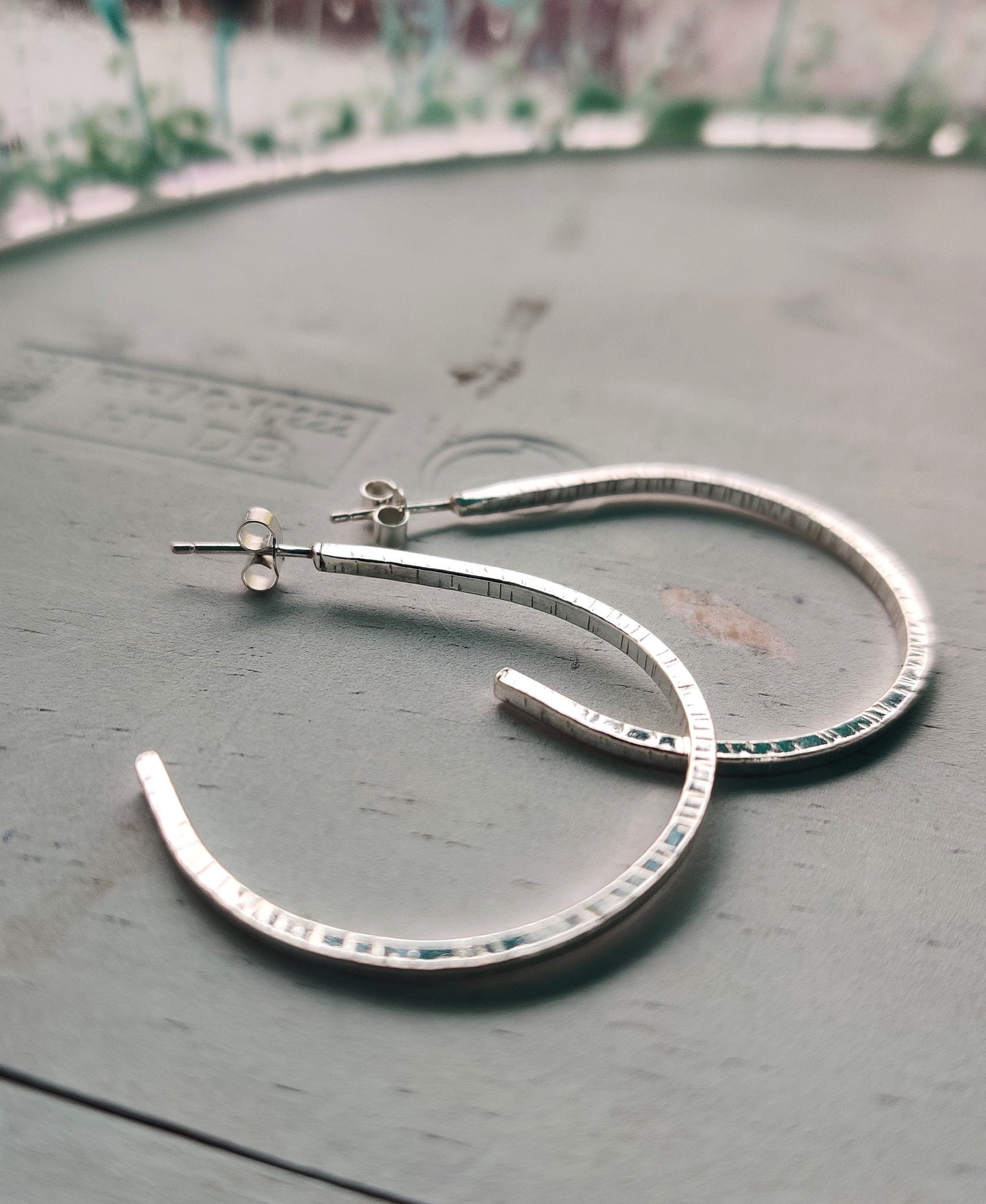 Textured hoop earrings, silver earrings