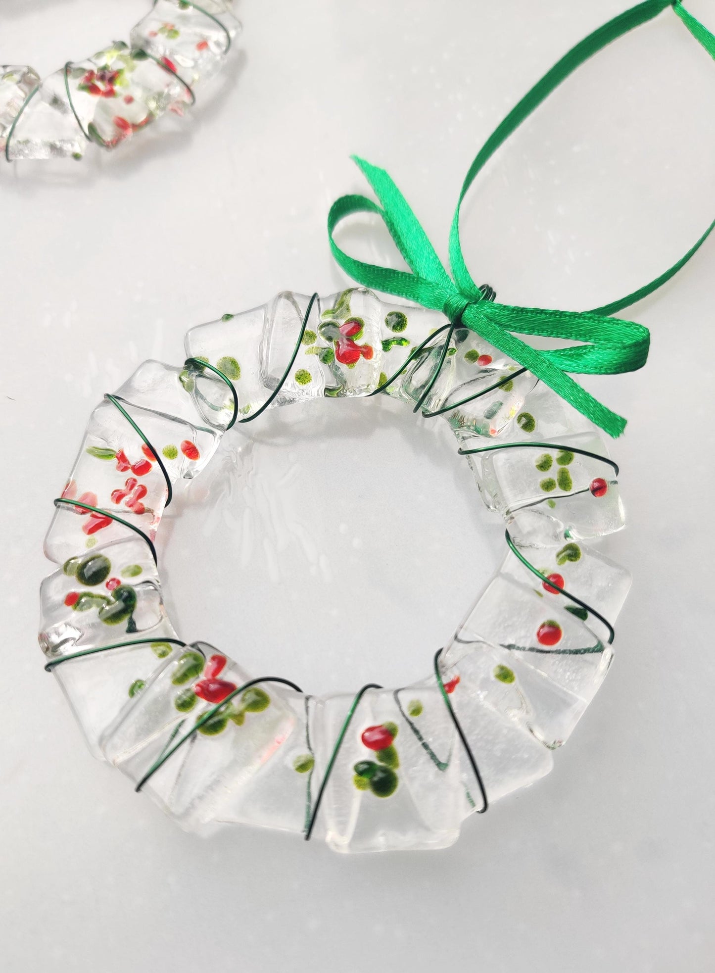 Christmas glass wreath tree decorations, green and red