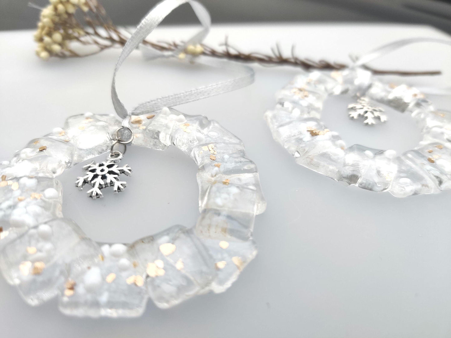 Christmas glass wreath tree decorations, white and gold