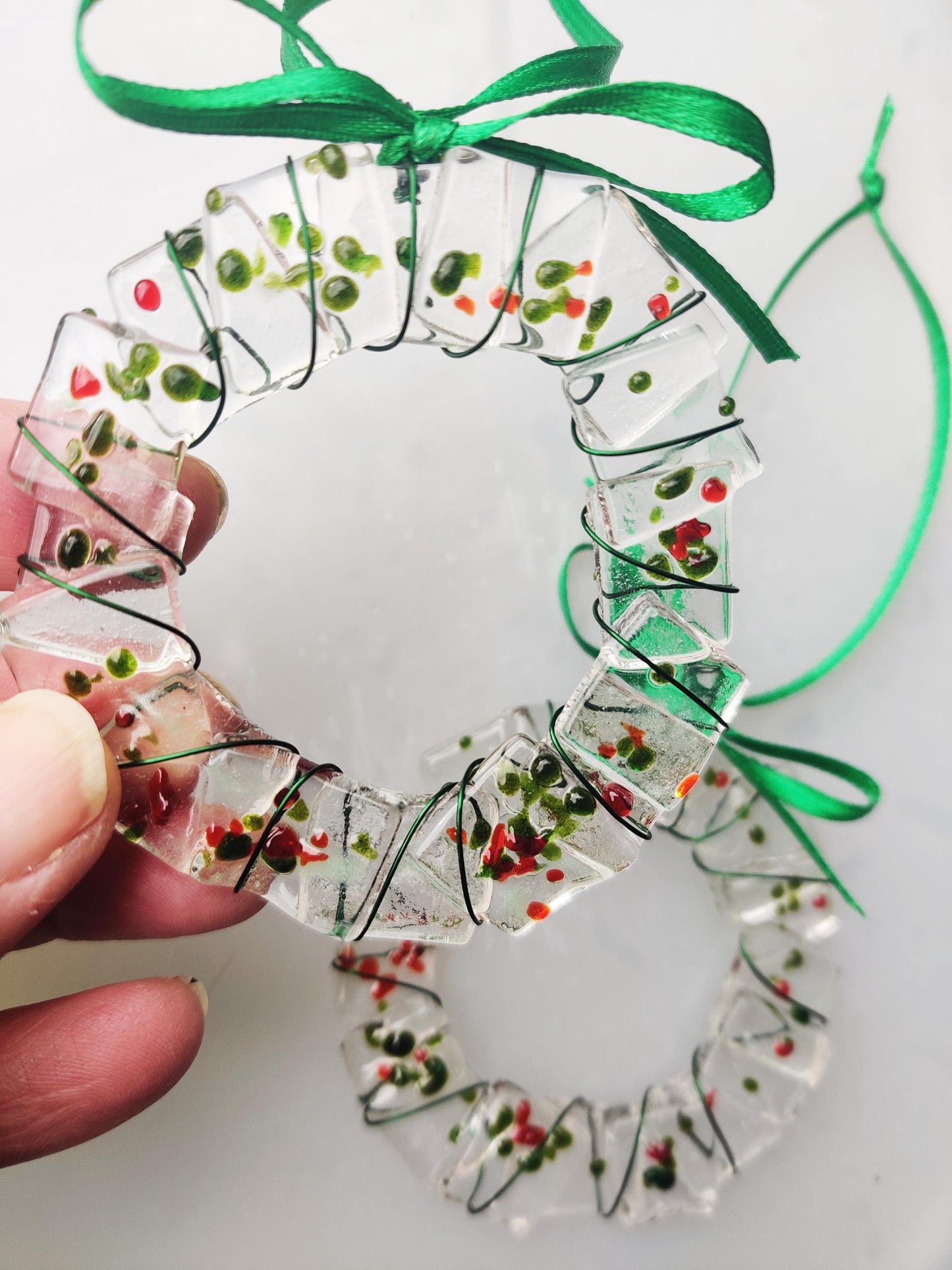 Christmas glass wreath tree decorations, green and red