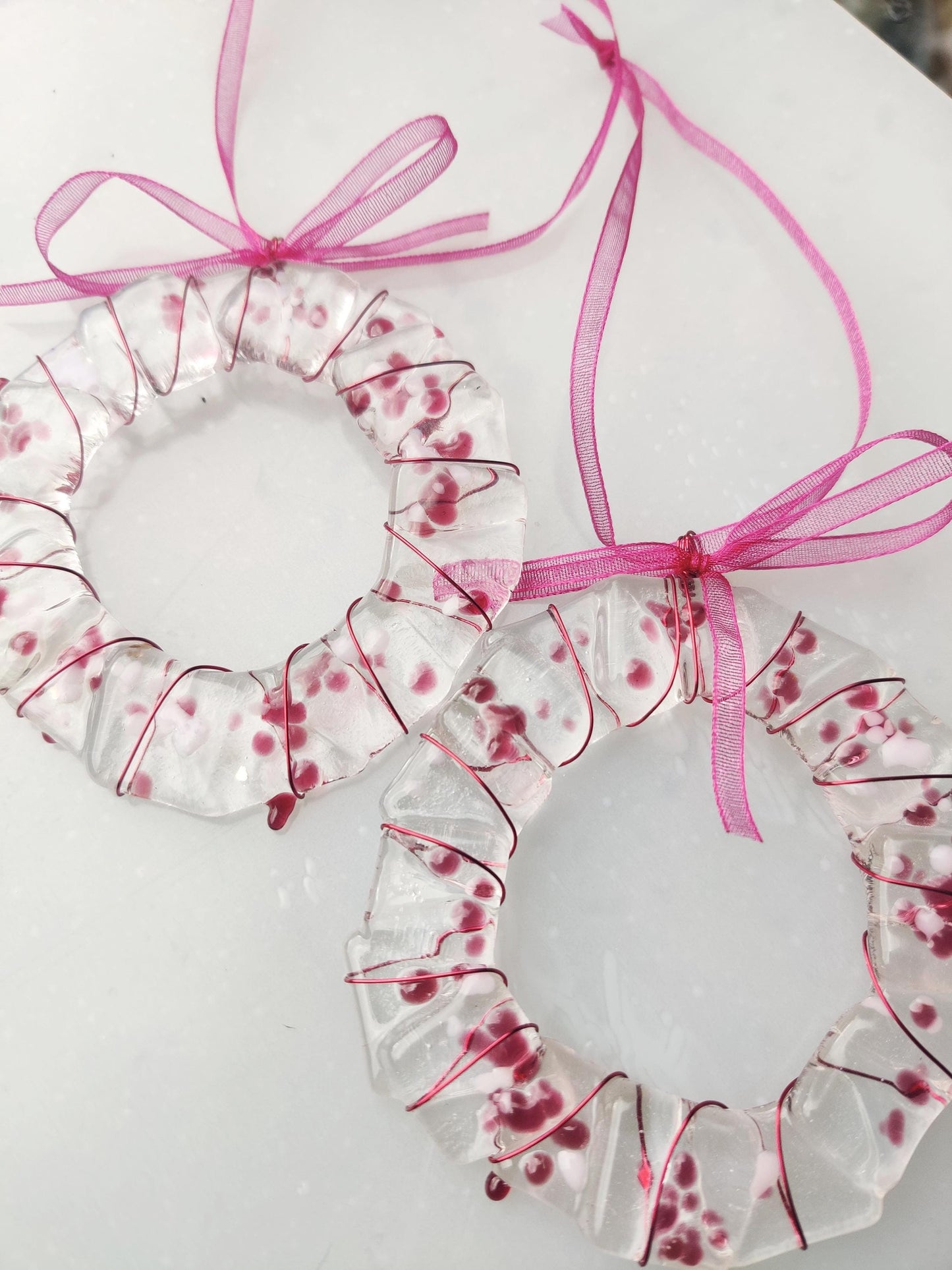 Christmas glass wreath tree decorations, pinks