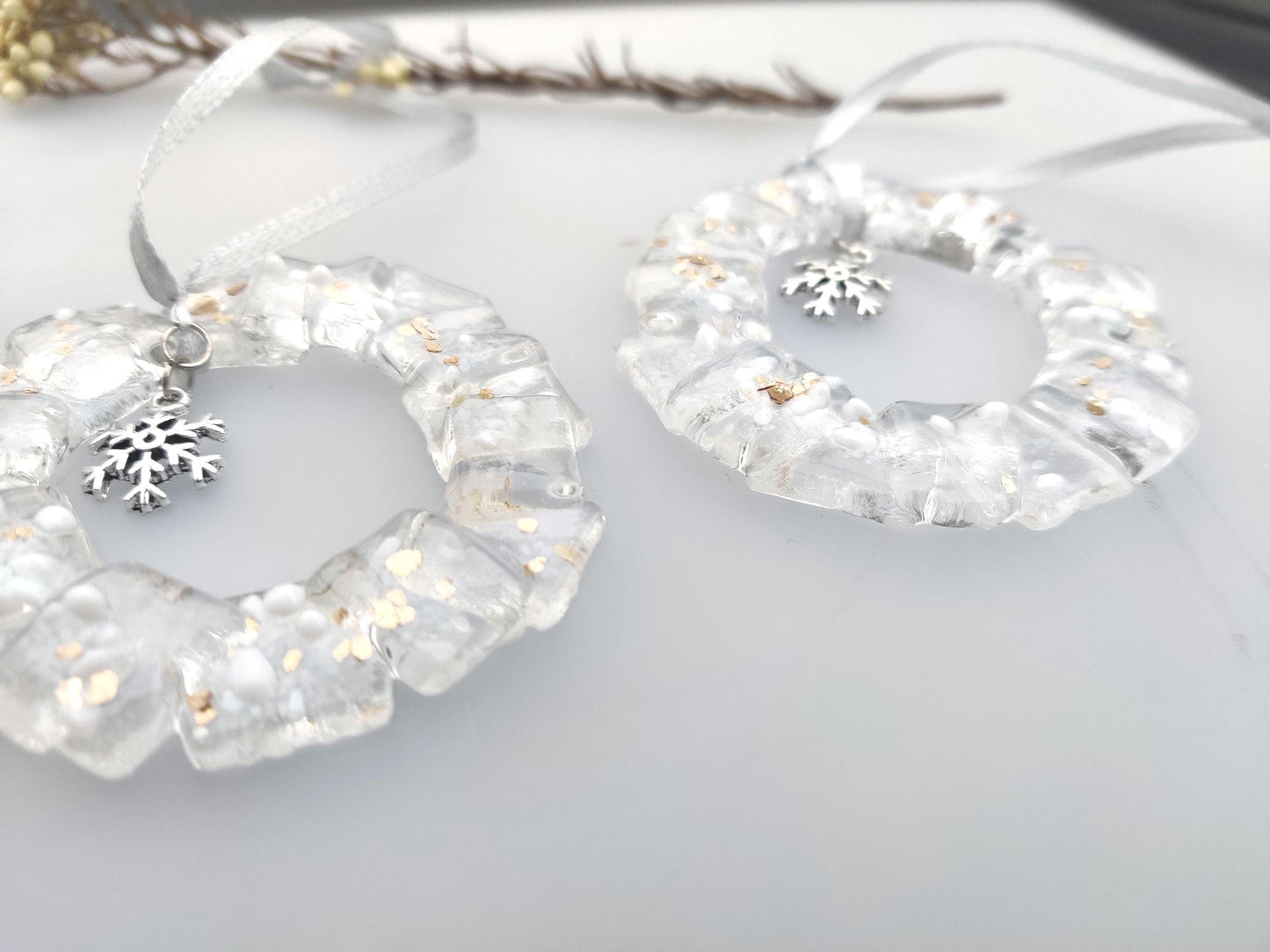 Christmas glass wreath tree decorations, white and gold