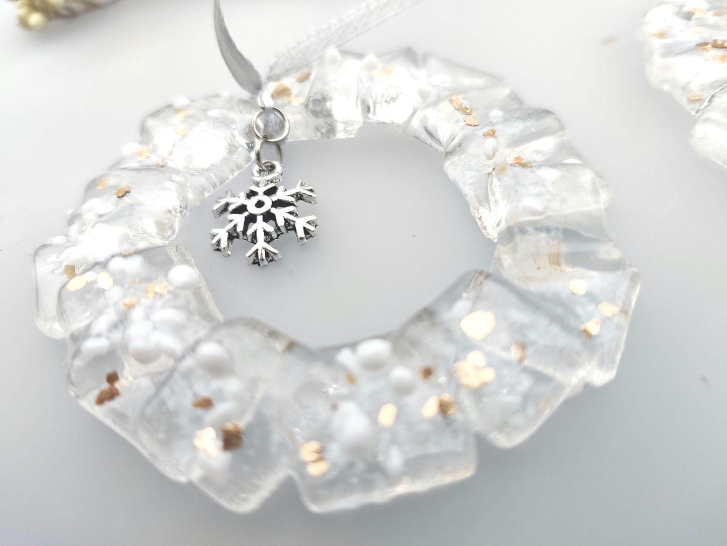 Christmas glass wreath tree decorations, white and gold