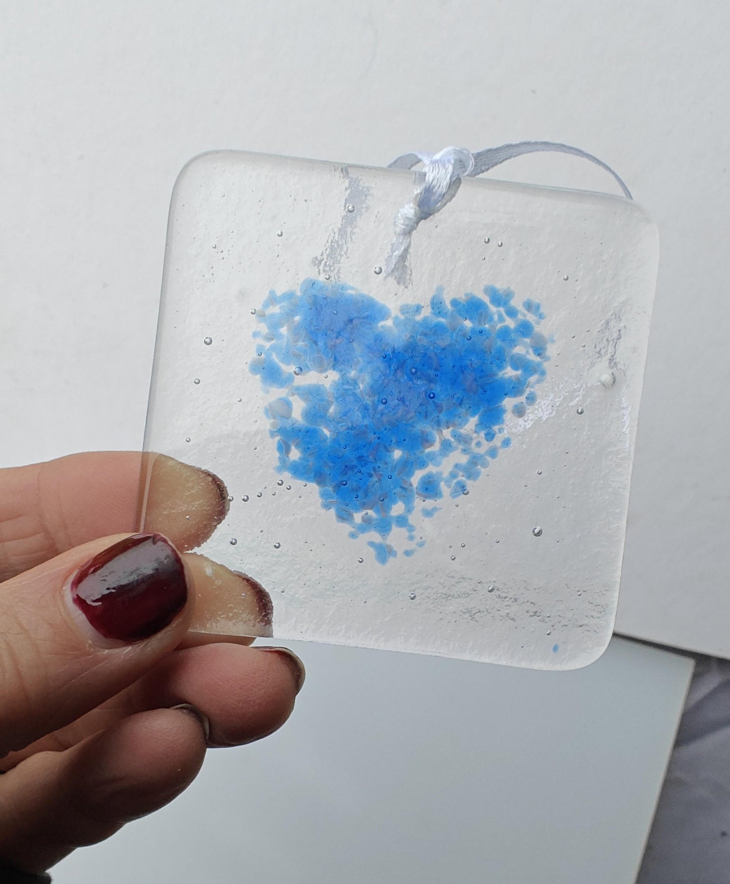 Glass heart suncatcher, blue heart