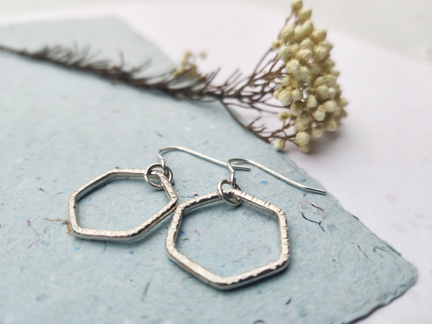Hexagonal earrings, silver drop earrings