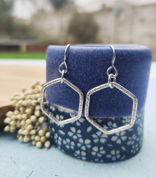 Hexagonal earrings, silver drop earrings