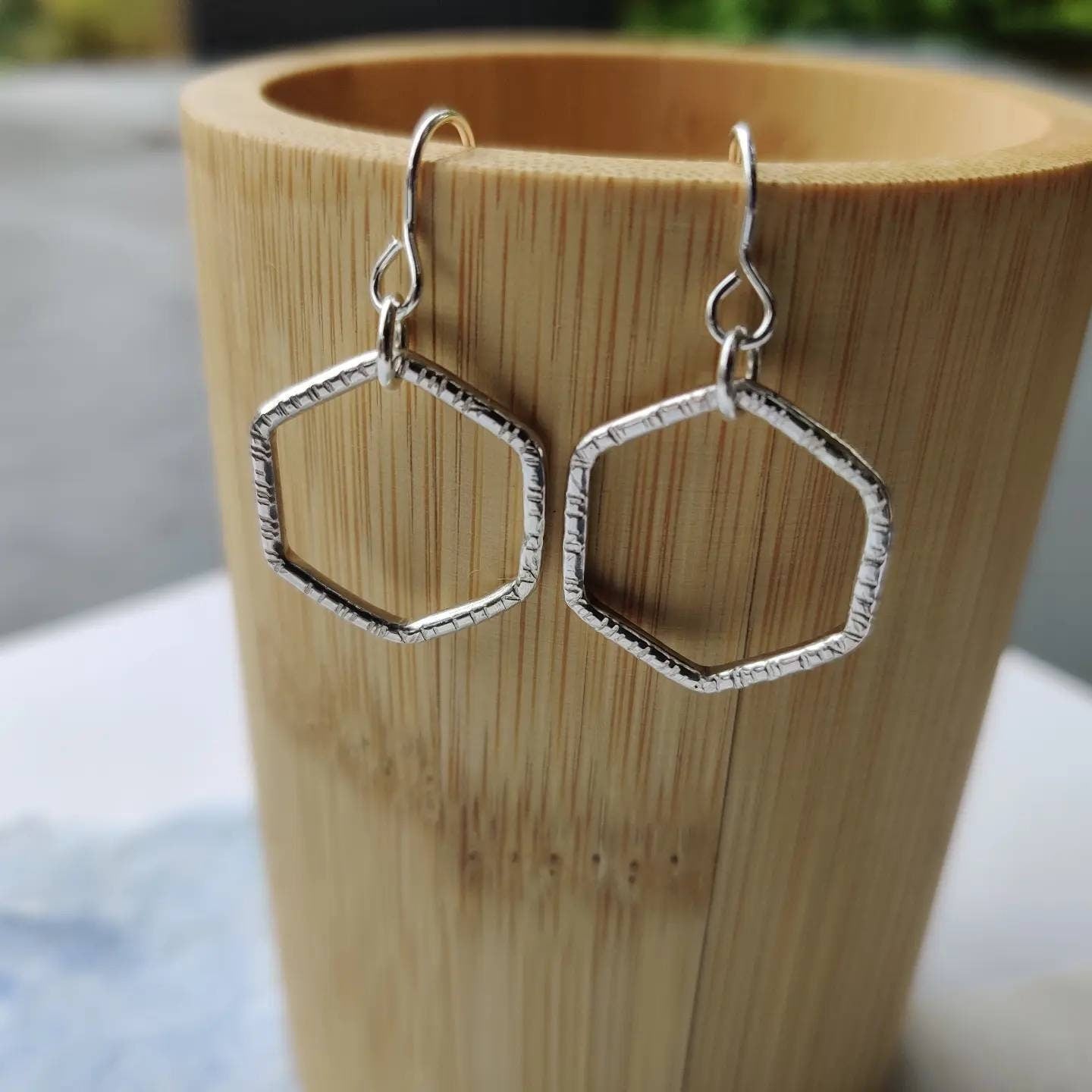 Hexagonal earrings, silver drop earrings