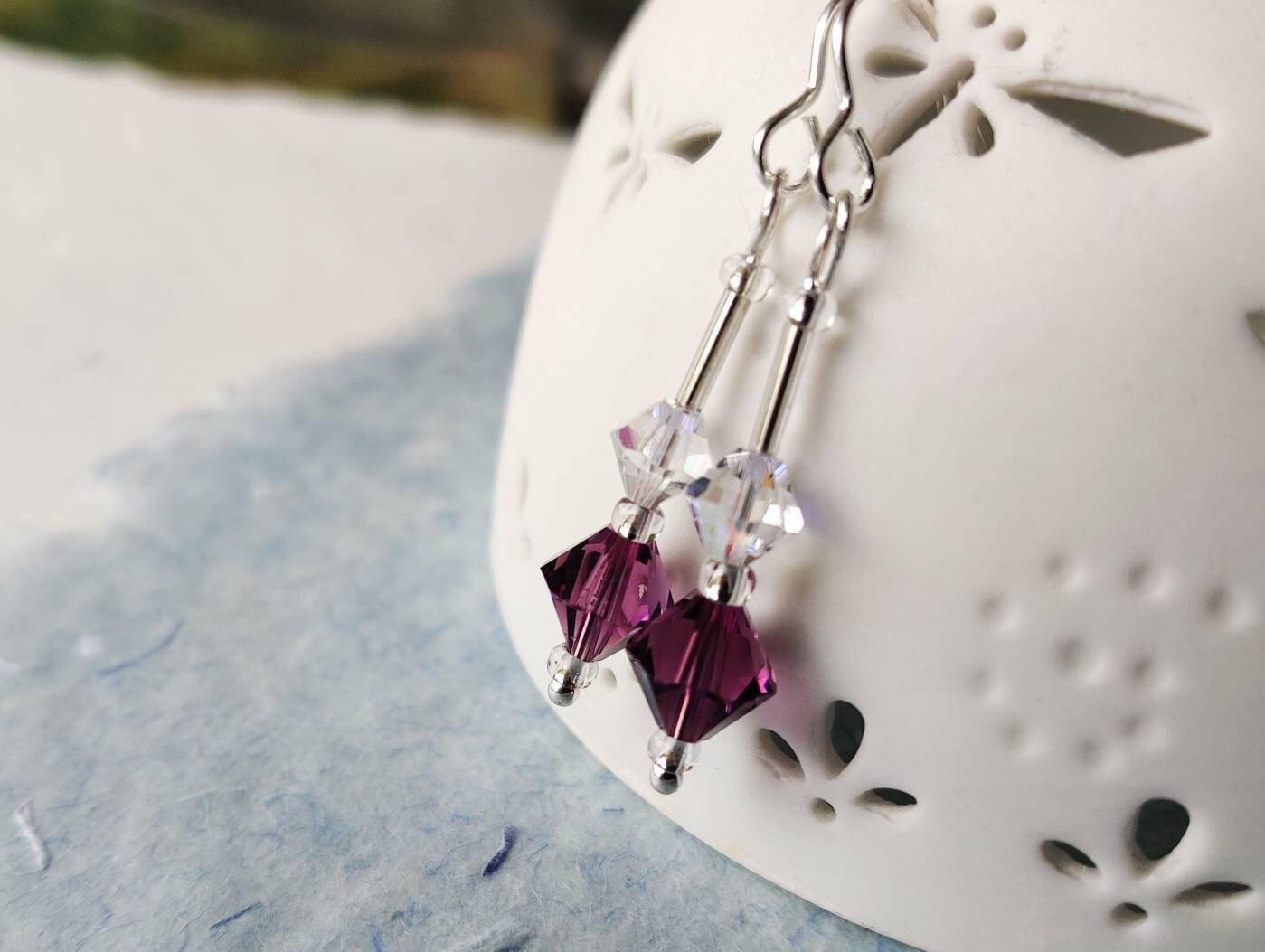 Swarovski crystal, drop earrings -plum