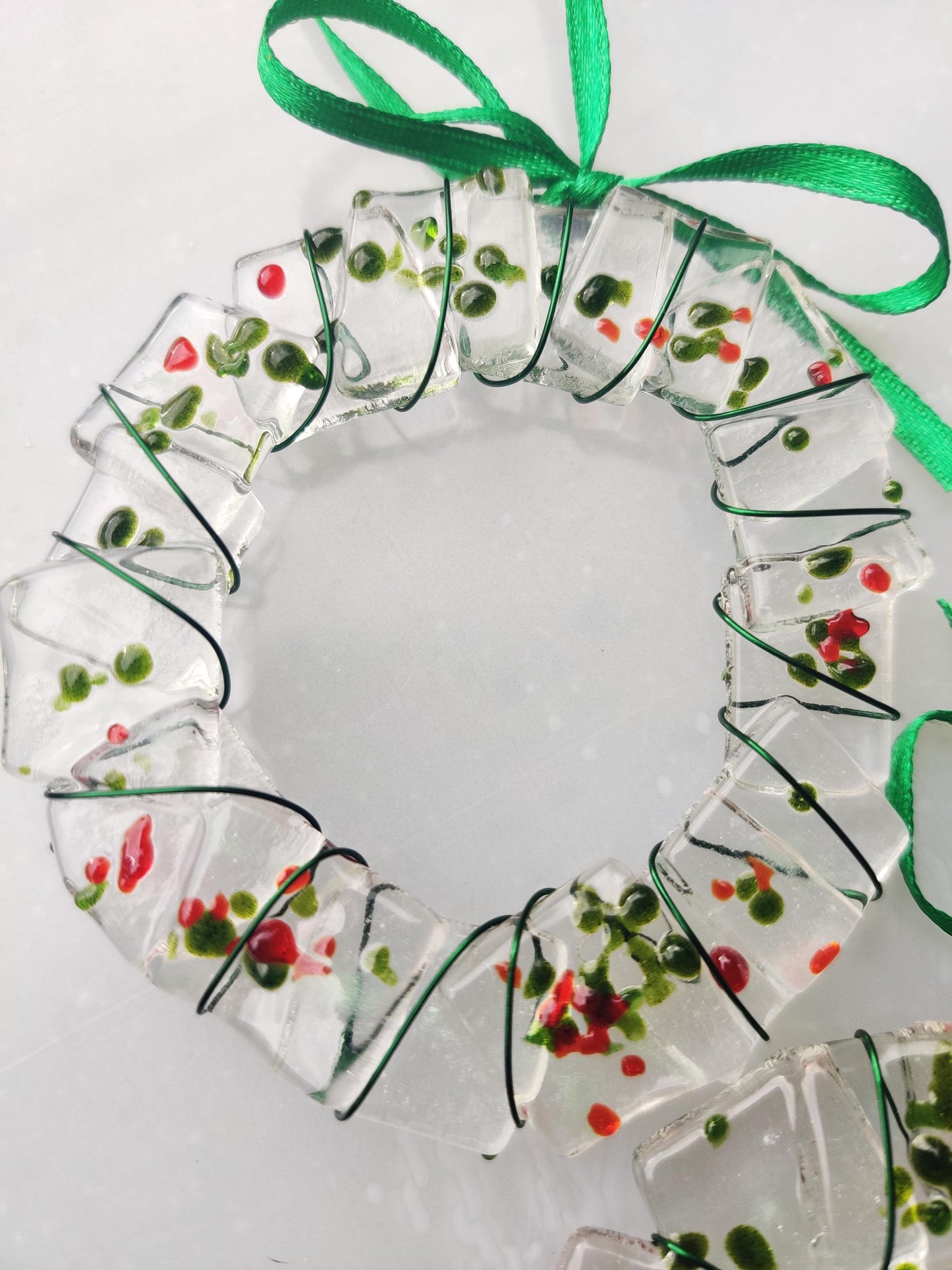 Christmas glass wreath tree decorations, green and red